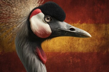 Fototapeta premium Close up of a crane bird head with detailed feathers and sharp beak, showing natural colors and textures against a textured background with warm tones.