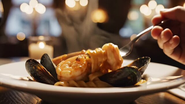 Gourmet seafood pasta with steaming shrimp and mussels served in a luxury restaurant setting.