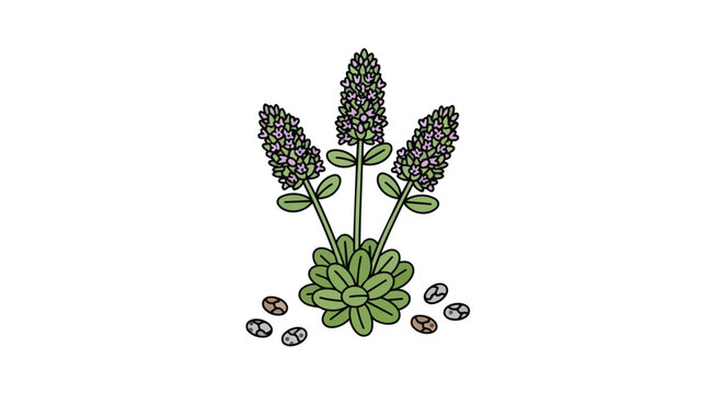 Ajuga Reptans Bugleweed Plant Illustration with Blue Flowers and Green Leaves on White Background