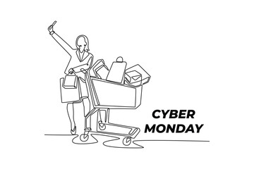Naklejka premium Young woman standing next to shopping cart with many bags and making selfie. Cyber monday concept. Single line draw design. Full length animation illustration. Vector graphic illustration