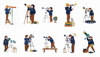 A collection of illustrations of a young boy using various telescopes and astronomical tools to explore the stars and planets. © SuPra