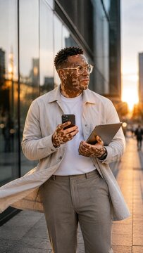Stylish Young Black Man with Vitiligo Holding Smartphone and Tablet in Urban City Setting at Sunset Golden Hour