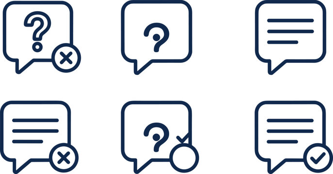 Six speech bubble icons representing questions answers and statuses in a minimalist style