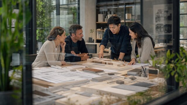 Team of Diverse Architects Collaborating on Building Model and Blueprints in Modern Professional Studio Workspace