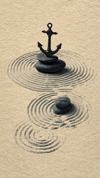 A black anchor rests on stacked stones with rippling sand patterns around them, creating a serene, minimalist zen garden scene.