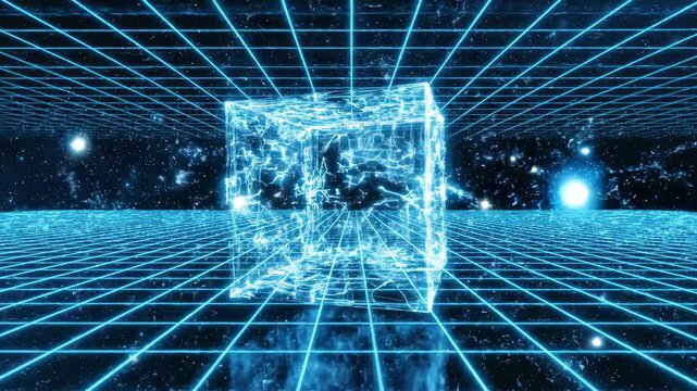 Futuristic digital glowing cube representing blockchain technology and cybersecurity in a virtual grid landscape.