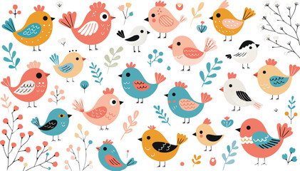 Obraz premium Spring birds set. Different beautiful birdie with flowers and branch. a charming flat vector illustration set of cute colorful birds in a whimsical cartoon style. Vector cartoon illustration 