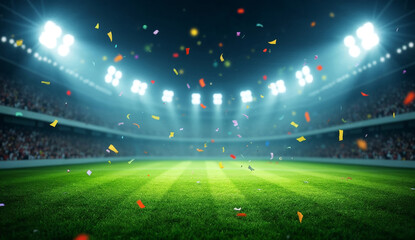 Green soccer field with bright floodlights and falling colorful confetti.