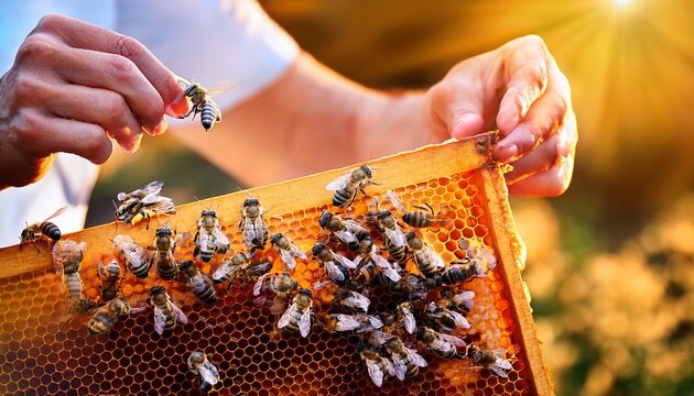 close up view of the working bees on honey cells