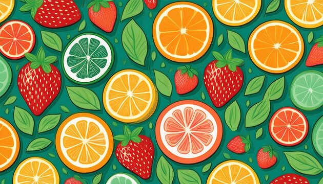 colorful pattern made of citrus fruits leaves and strawberries