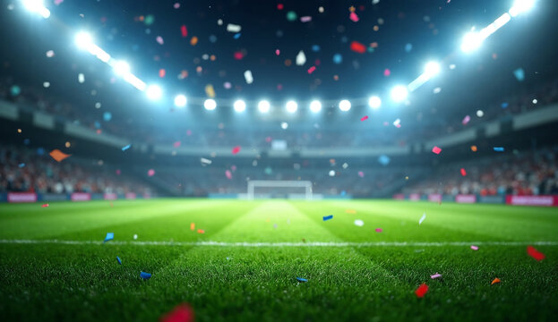 Green soccer field with bright floodlights and falling colorful confetti.