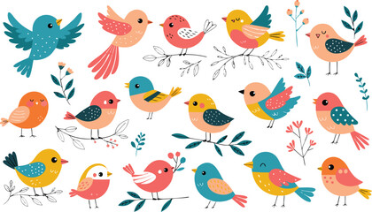 Naklejka premium Spring birds set. Different beautiful birdie with flowers and branch. a charming flat vector illustration set of cute colorful birds in a whimsical cartoon style. Vector cartoon illustration 