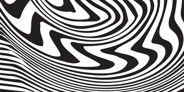 Black and white striped liquid paint effect vector seamless pattern. Wavy psychedelic background of moving liquid. Modern zebra backdrop. Groovy 1970s style.