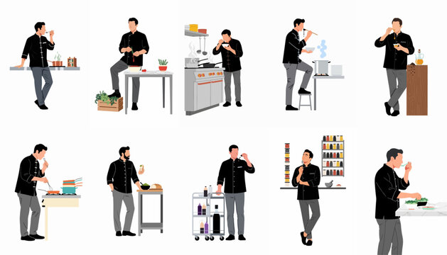 Vector flat design illustration set of a male professional chef in black uniform tasting dishes and cooking in various kitchen scenarios.