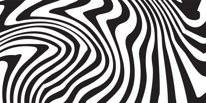 Black and white striped liquid paint effect vector seamless pattern. Wavy psychedelic background of moving liquid. Modern zebra backdrop. Groovy 1970s style.