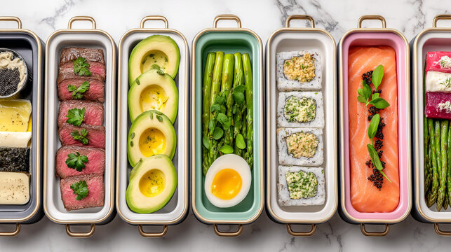 Bento boxes with sushi beef avocado asparagus salmon egg bento box japanese food