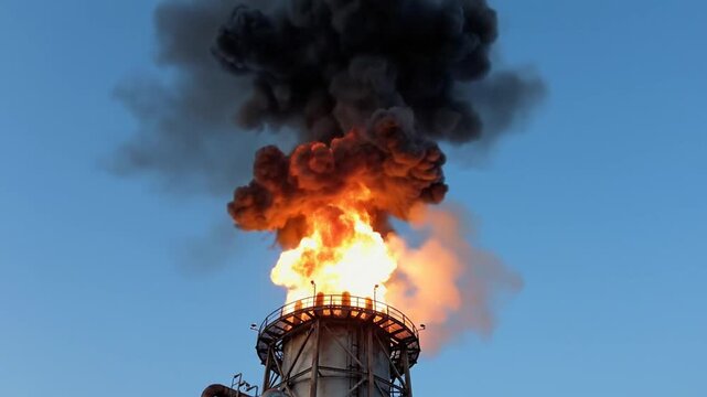 Industrial Flare Stack Burning Excess Gas With Intense Orange Fire And Thick Black Smoke Against Clear Blue