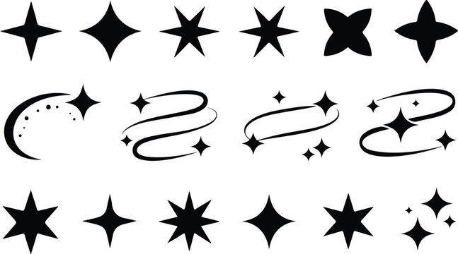 Y2K retro star shapes collection with sparkles starbursts and cosmic orbit elements minimal abstract futuristic vector icon set