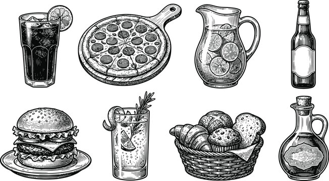 Italian Cuisine and Refreshing Beverages Food Set with Hand-Drawn Inky Doodle and Organic Sketchy Strokes