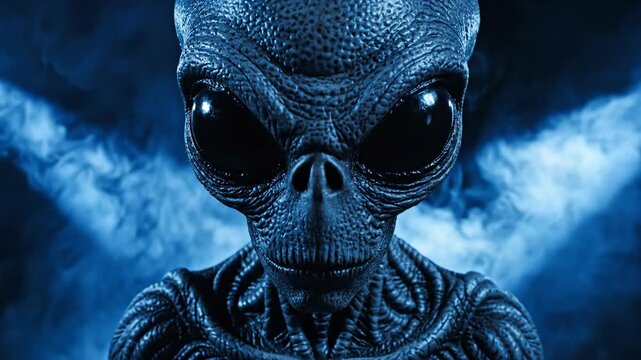 Extraterrestrial Grey Alien Entity Standing In Ominous Fog With Blue Laser Lights