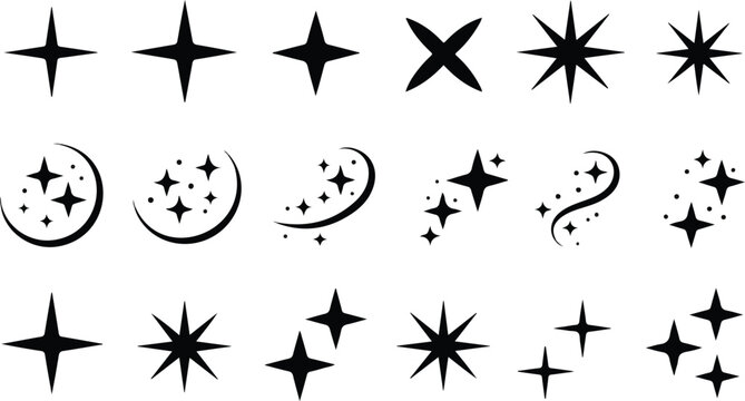 Minimal Y2K retro futuristic star shapes with sparkles twinkles and orbit elements abstract cosmic vector icon set