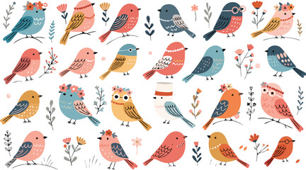 Fototapeta premium Spring birds set. Different beautiful birdie with flowers and branch. a charming flat vector illustration set of cute colorful birds in a whimsical cartoon style. Vector cartoon illustration 