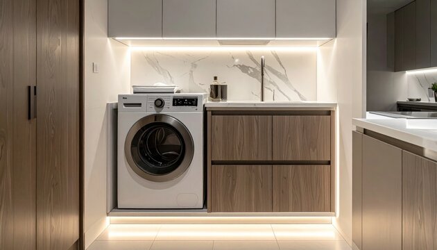 Modern kitchen interior featuring integrated washing machine, wood cabinets, marble backsplash, under cabinet lighting, home renovation and laundry utility design