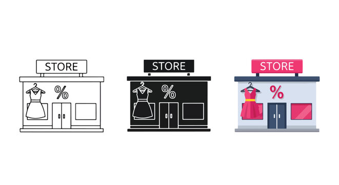 Retail store front icon set for commerce - Line and glyph solid icon and logo template - Clipart, sticker - icon set