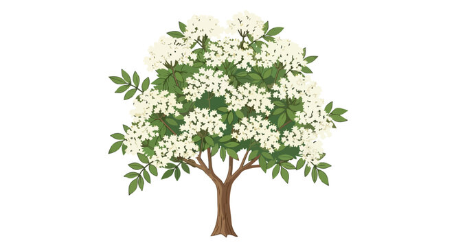 Elderberry tree illustration with clusters of white blossoms and green foliage isolated on white