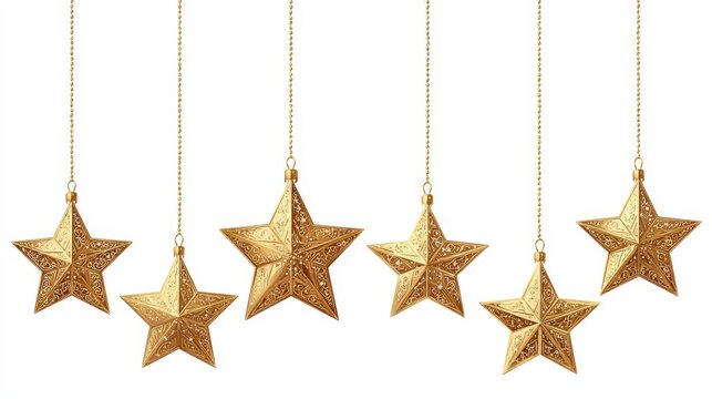 Golden star ornaments hang against a clean white background.