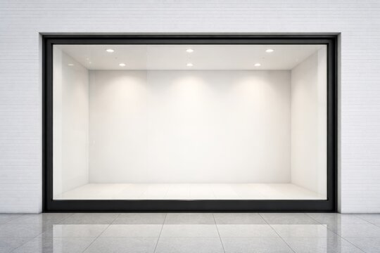 Empty white store display window with lights and tiled floor background. Ai generative