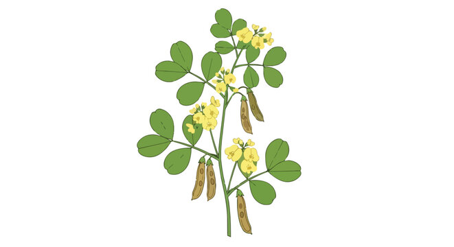 Botanical Illustration of Senna Tora Plant with Yellow Flowers and Brown Seed Pods Isolated on White