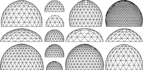 Geometric dome shapes, wireframe structures, 3D models, architectural elements, vector icons © yamin678