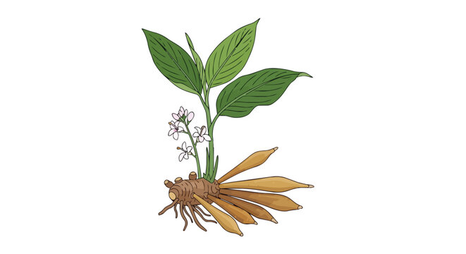 Hand Drawn Fingerroot Plant Illustration with Roots Leaves and Flowers Isolated on White