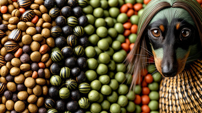 Funny dachshund dog face peeking through colorful assorted legumes and grains with dachshund