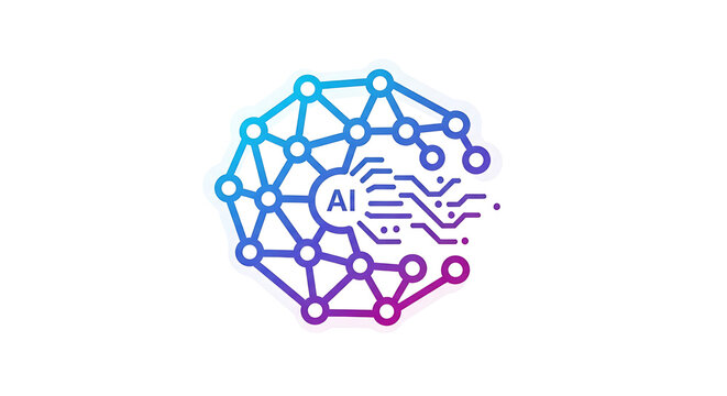 Gradient ai network with connections and circuit board design on a white background centered