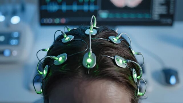A woman undergoes a brain scan with electrodes in a high-tech neuroscience laboratory for medical research.