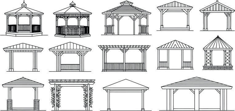 Gazebo, Pavilion, Pergola, and Portico Vector Icons, Black and White, 12 Designs