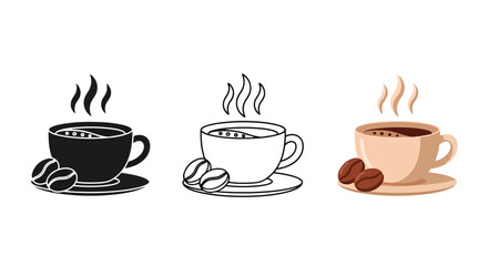 Obraz premium Hot coffee cup with beans icon set art - Minimalist, flat icon, outline, glyph, linear, clipart, sticker - icon set