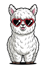 Fototapeta premium Cartoon llama illustration with heart shaped sunglasses whimsical animal character on a white background high-quality professional detailed modern elegant stylish clean crisp.