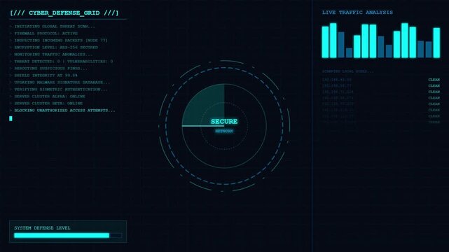 Futuristic Cyber Defense Grid HUD with Blue Digital Secure Network Interface and Live Traffic Analysis Threat Monitoring Analytics Screen.
