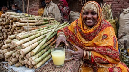 Fototapeta premium Smiling woman sells freshly pressed sugarcane juice at a traditional outdoor market.