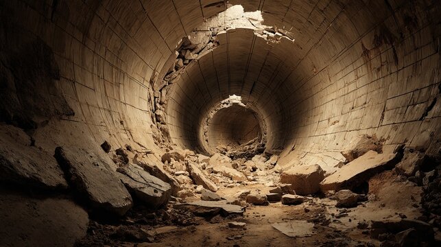 A damaged, crumbling underground tunnel with debris scattered inside and visible cracks in the concrete walls.