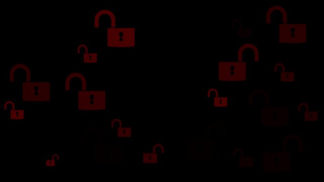Hacking and system intrusion concept on the black background. Unauthorized access and account takeover. Motion graphics of unlocked padlock icons and account hack. 