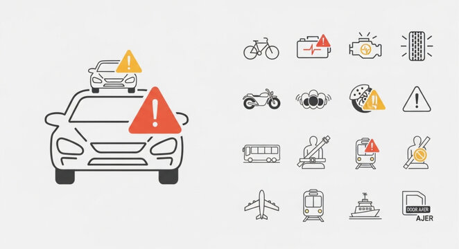 Car warning lights and icons for transportation issues.