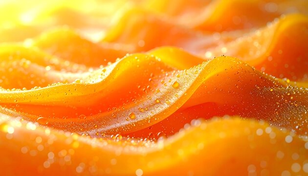 Macro orange cosmetic cream swirl with liquid droplets and bubbles in warm backlight
