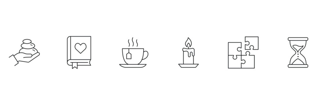 Mindfulness and wellness line icon set featuring zen stones, diary, herbal tea, scented candle, puzzle pieces, and sand hourglass vector.