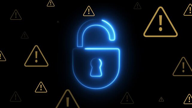 Hacking and system intrusion concept on the black background. Unauthorized access and account takeover. Motion graphics of unlocked padlock icons and account hack. 