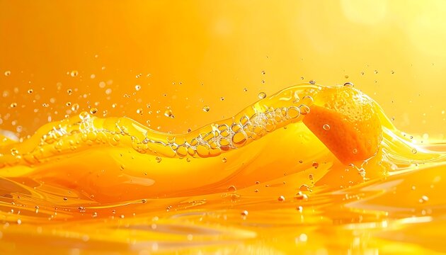 Macro orange cosmetic cream swirl with liquid droplets and bubbles in warm backlight