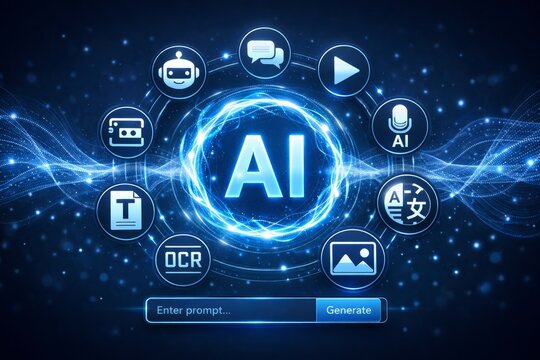 AI technology interface with futuristic glowing icons on dark background. Ai generative